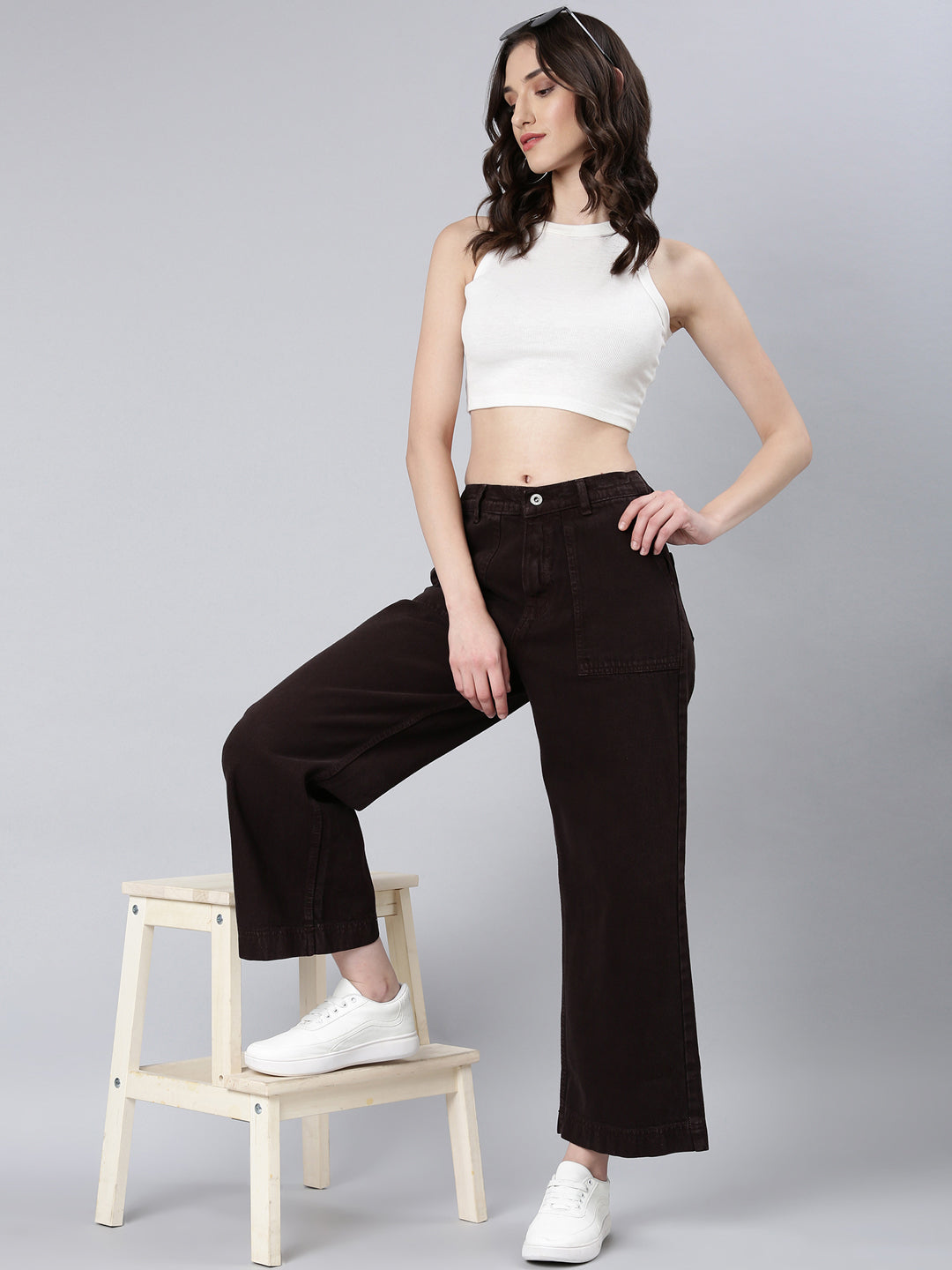 Women's Brown Wide Leg Mid-Rise Acid Wash Denim Jeans