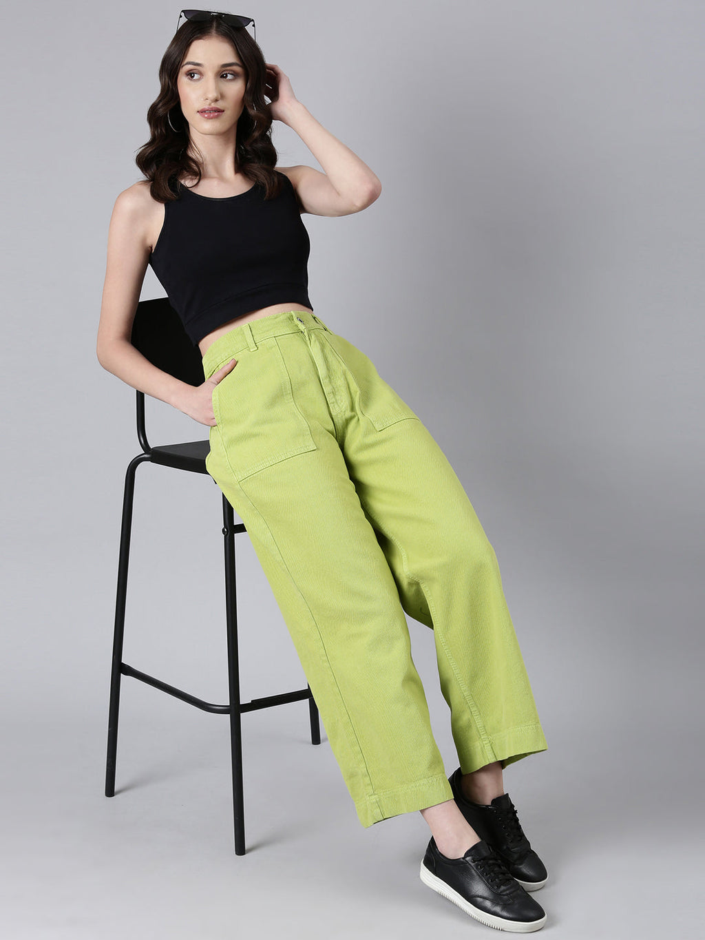 Women's Lime Green Mid Rise Wide Leg Denim Jeans