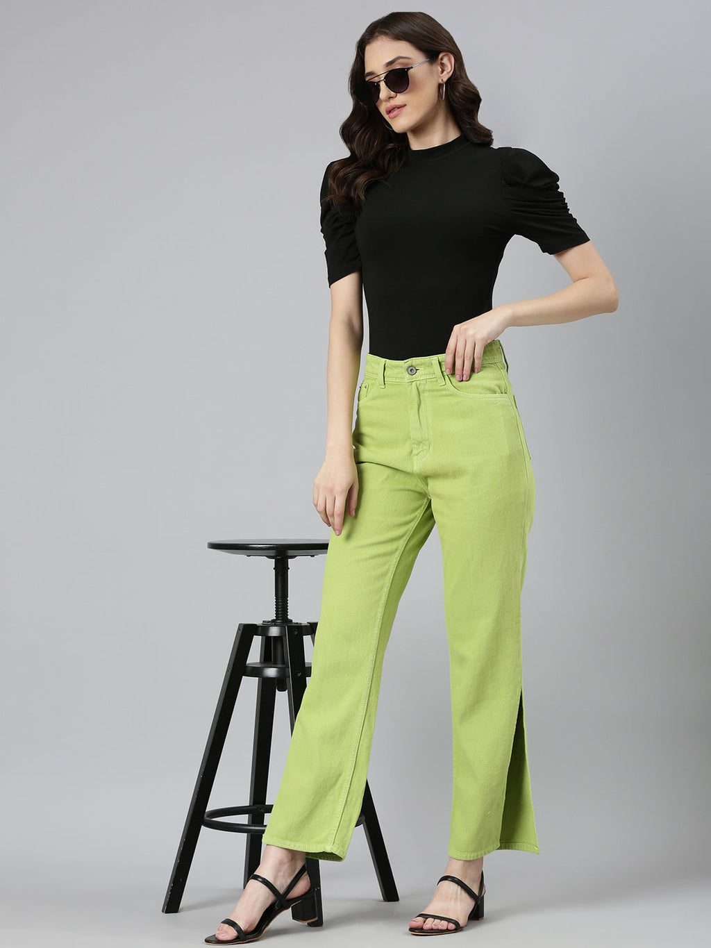 Women's Lime Green High-Rise Coloured Shade Denim Jeans