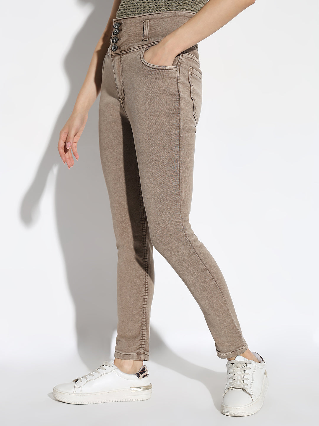 Women's Beige Comfort Slim Fit Light Fade Acid Wash Stretchable Jeans