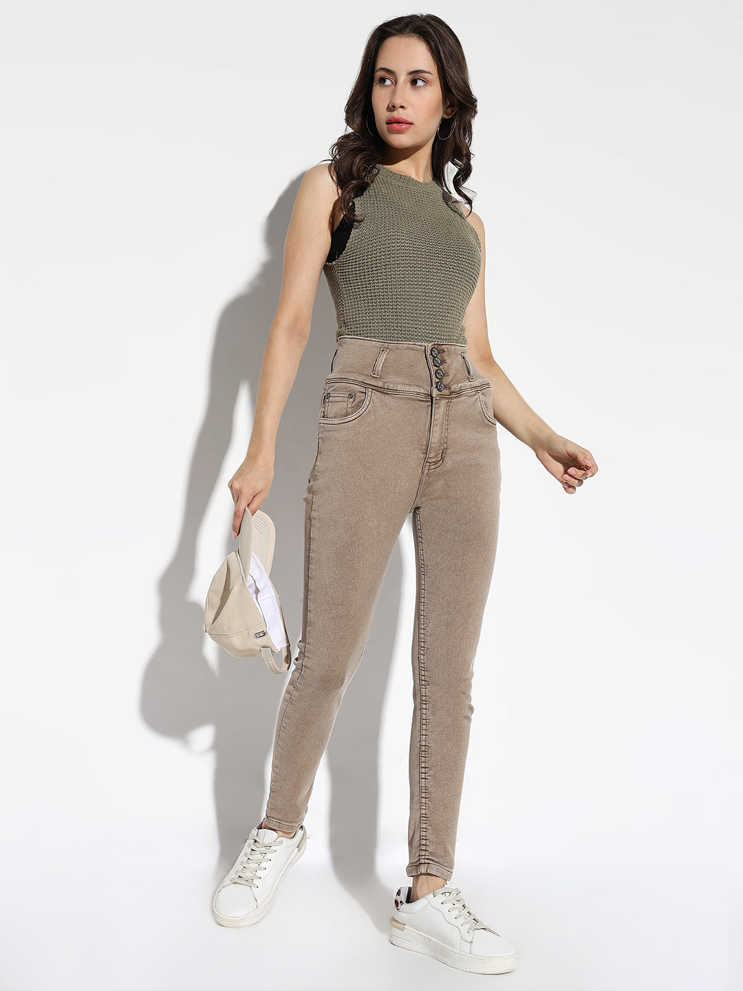Women's Beige Comfort Slim Fit Light Fade Acid Wash Stretchable Jeans