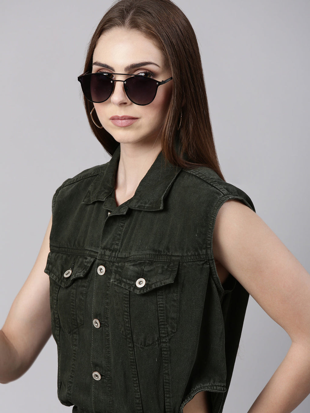 Women's Olive Shirt Collar Cotton Basic Jumpsuit