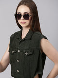 Women's Olive Shirt Collar Cotton Basic Jumpsuit