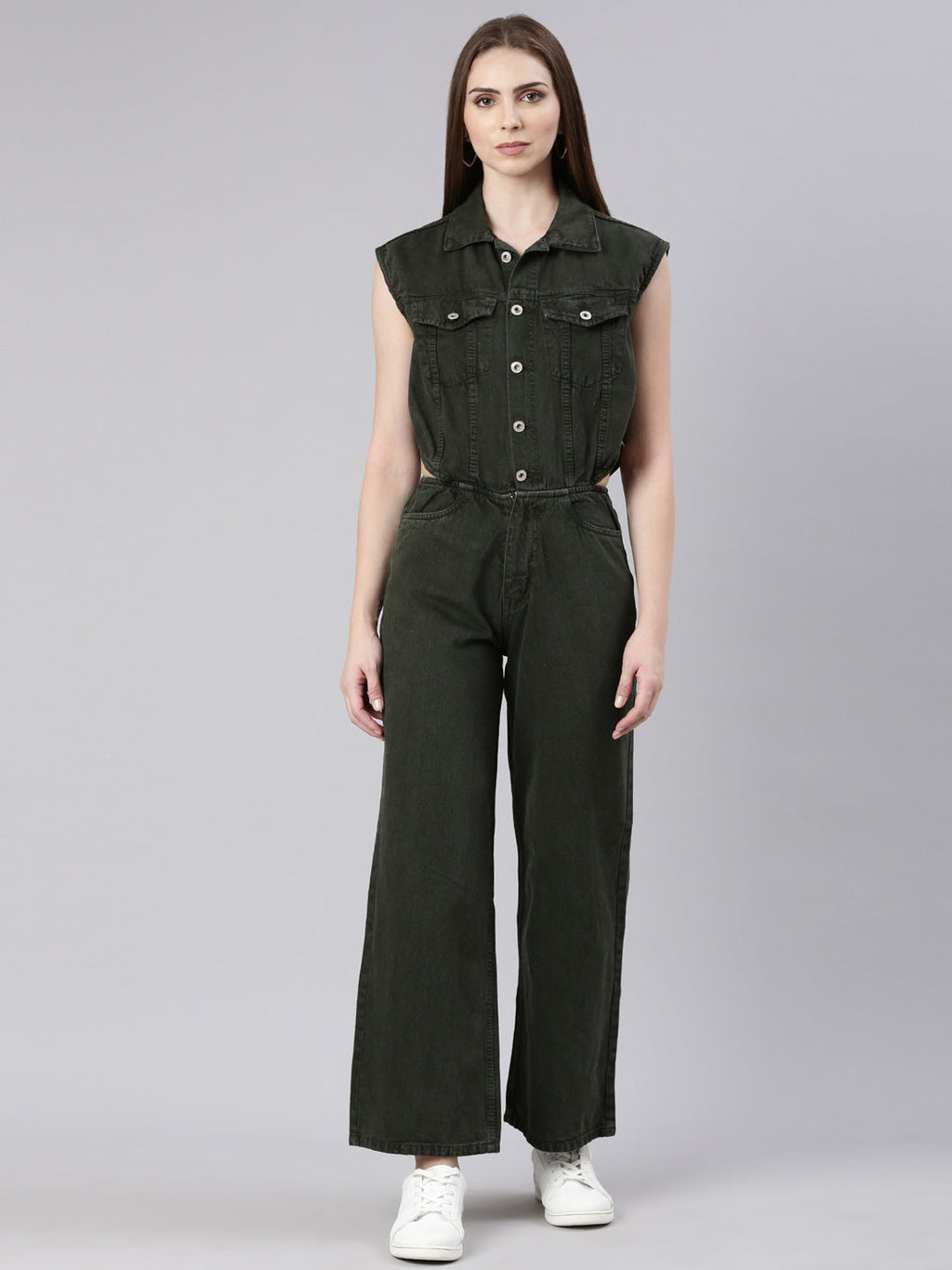 Women's Olive Shirt Collar Cotton Basic Jumpsuit