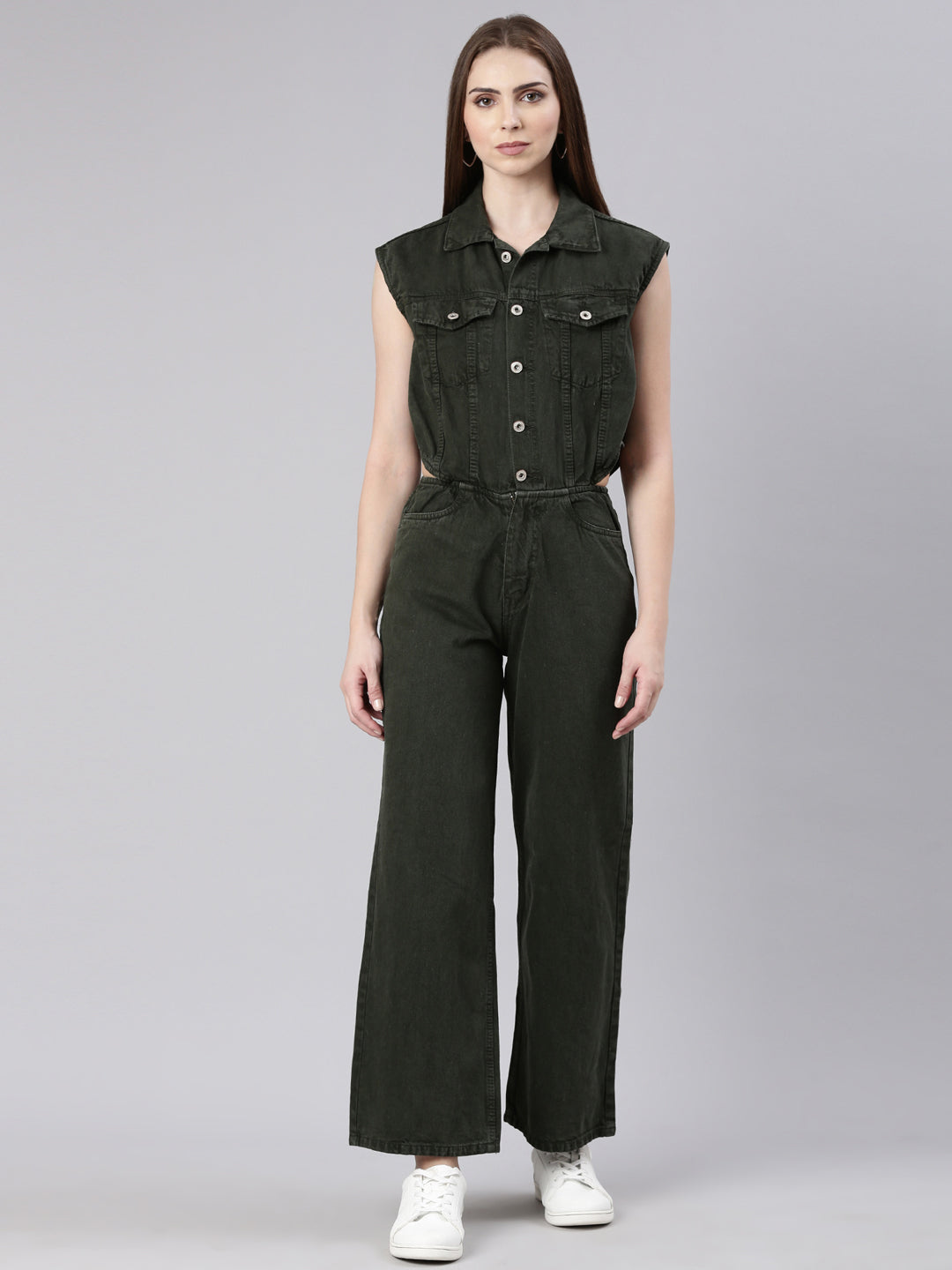 Women's Olive Shirt Collar Cotton Basic Jumpsuit