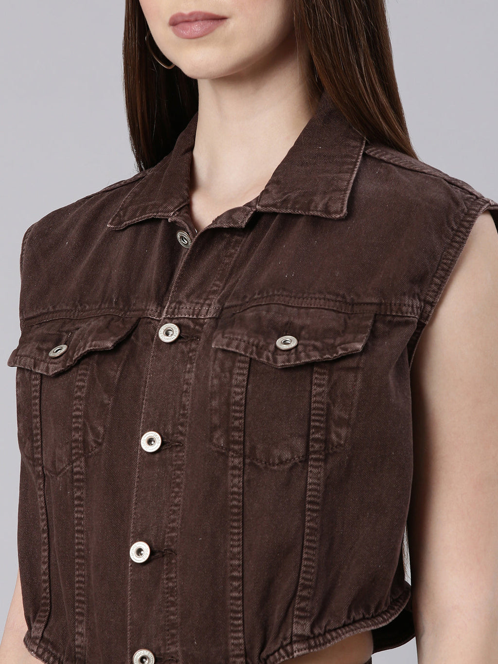 Women's Coffee Brown Shirt Collar Cotton Basic Jumpsuit