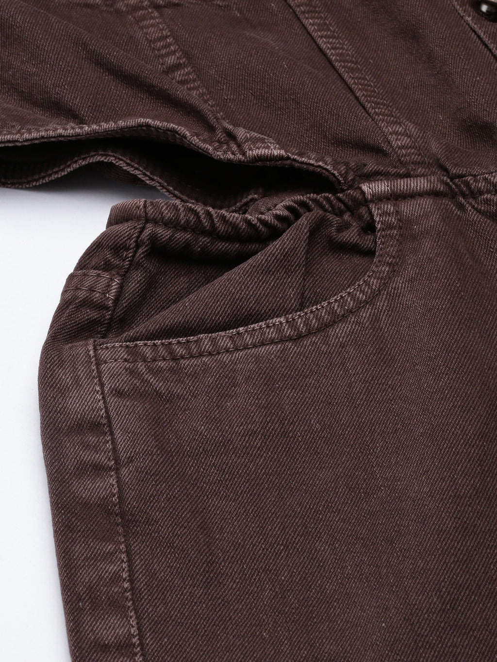 Women's Coffee Brown Shirt Collar Cotton Basic Jumpsuit
