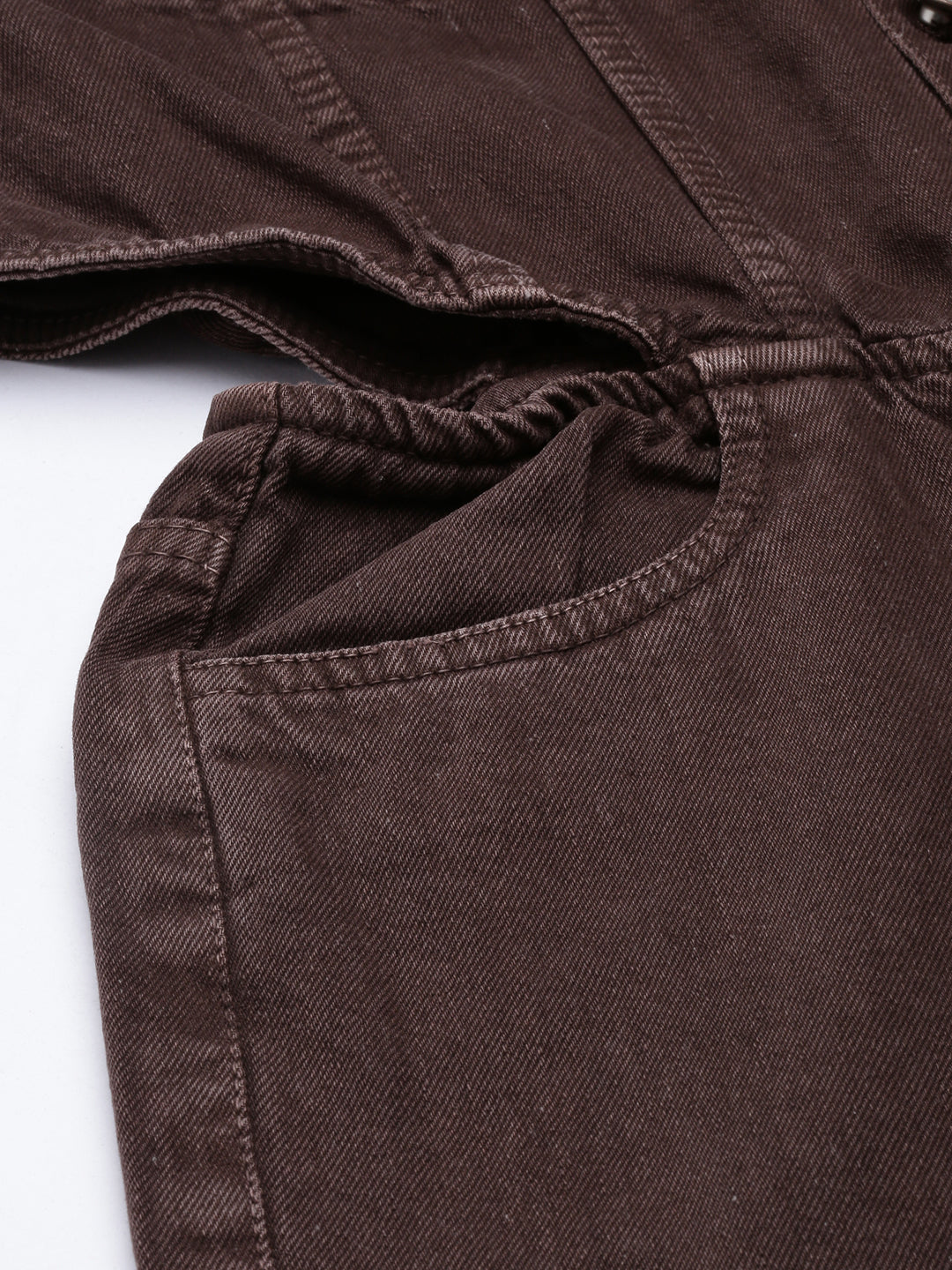 Women's Coffee Brown Shirt Collar Cotton Basic Jumpsuit