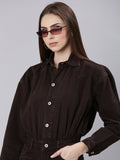 Women's Coffee Brown Shirt Collar Cotton Basic Jumpsuit