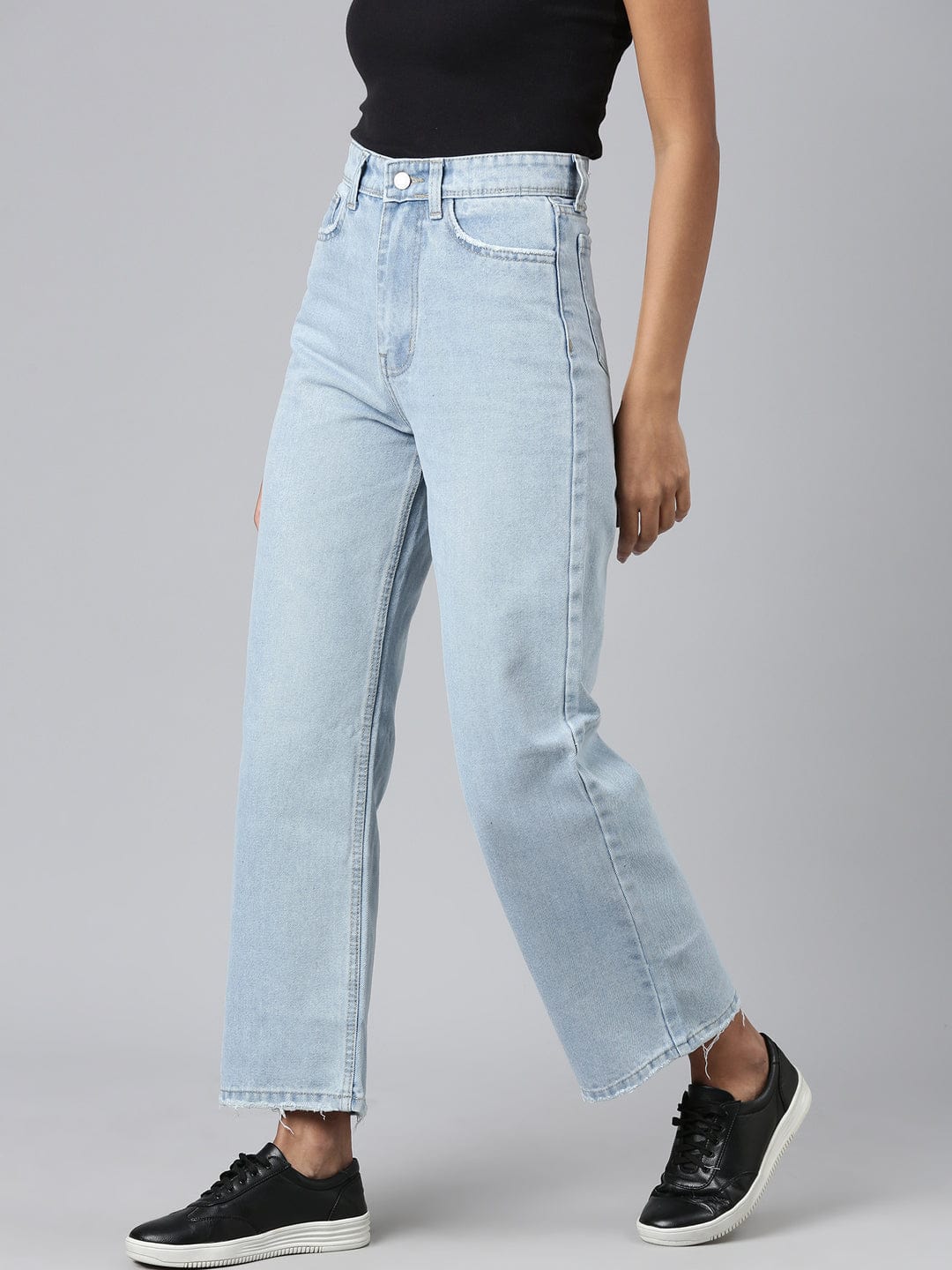 Women's Blue Mid Rise Wide Leg Clean Look Retro Denims Stretchable Jeans