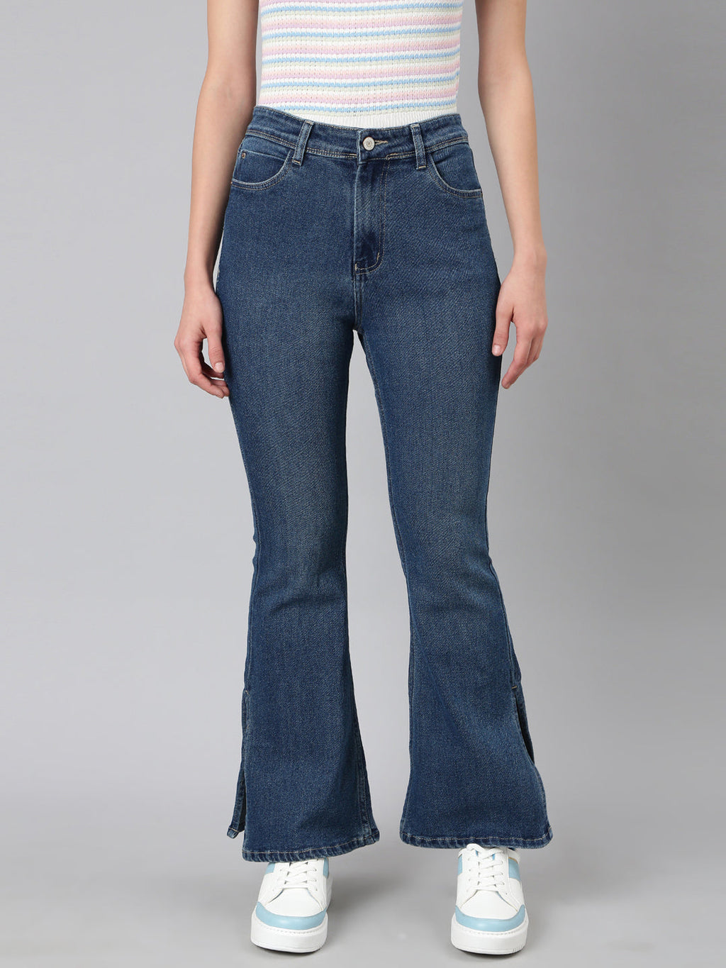 Women's Navy Blue Bootcut Fit Acid Wash Stretchable Denim Jeans
