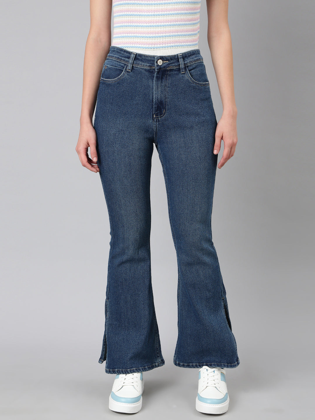 Women's Navy Blue Bootcut Fit Acid Wash Stretchable Denim Jeans