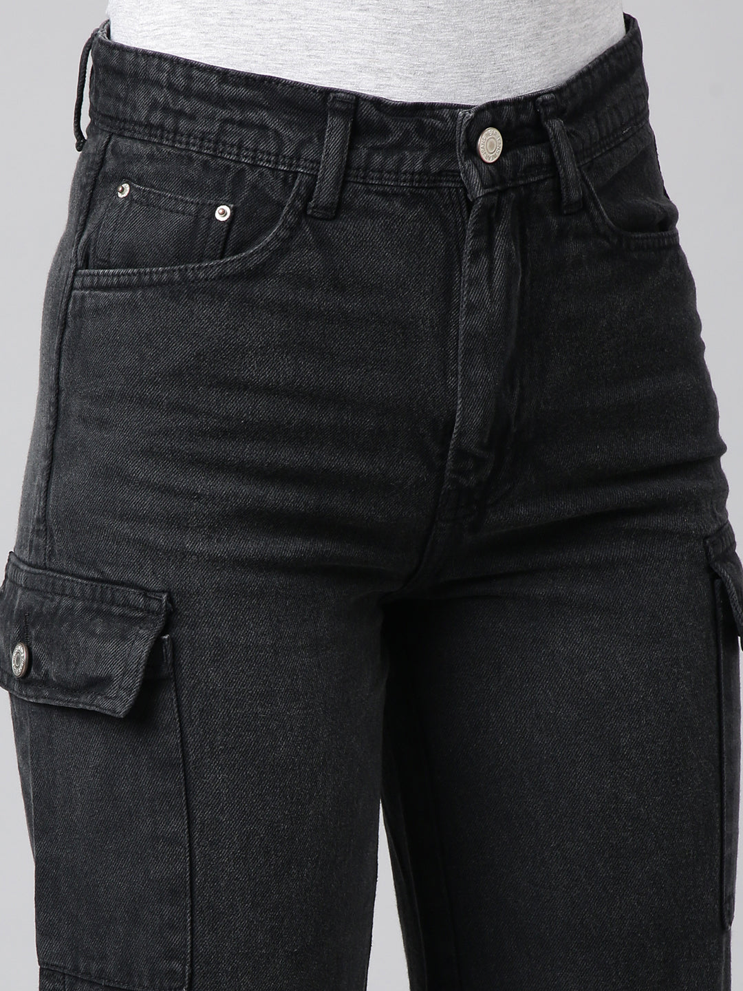 Women's Charcoal Straight Fit Denim Cargo Jeans