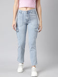 Women's Blue Straight Fit Light Fade Cargo Jeans