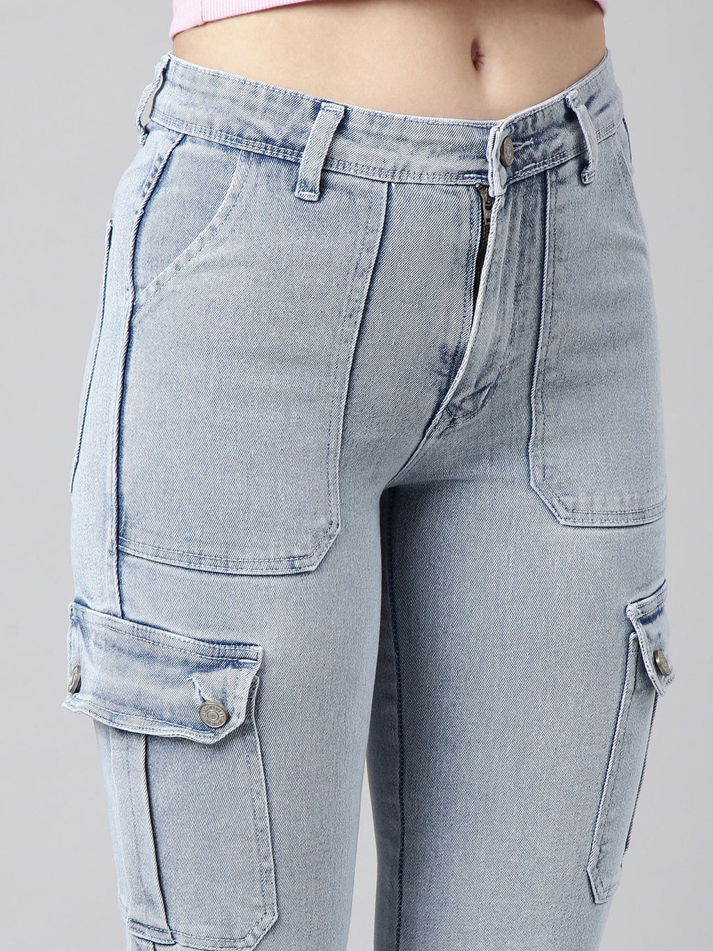 Women's Blue Straight Fit Light Fade Cargo Jeans