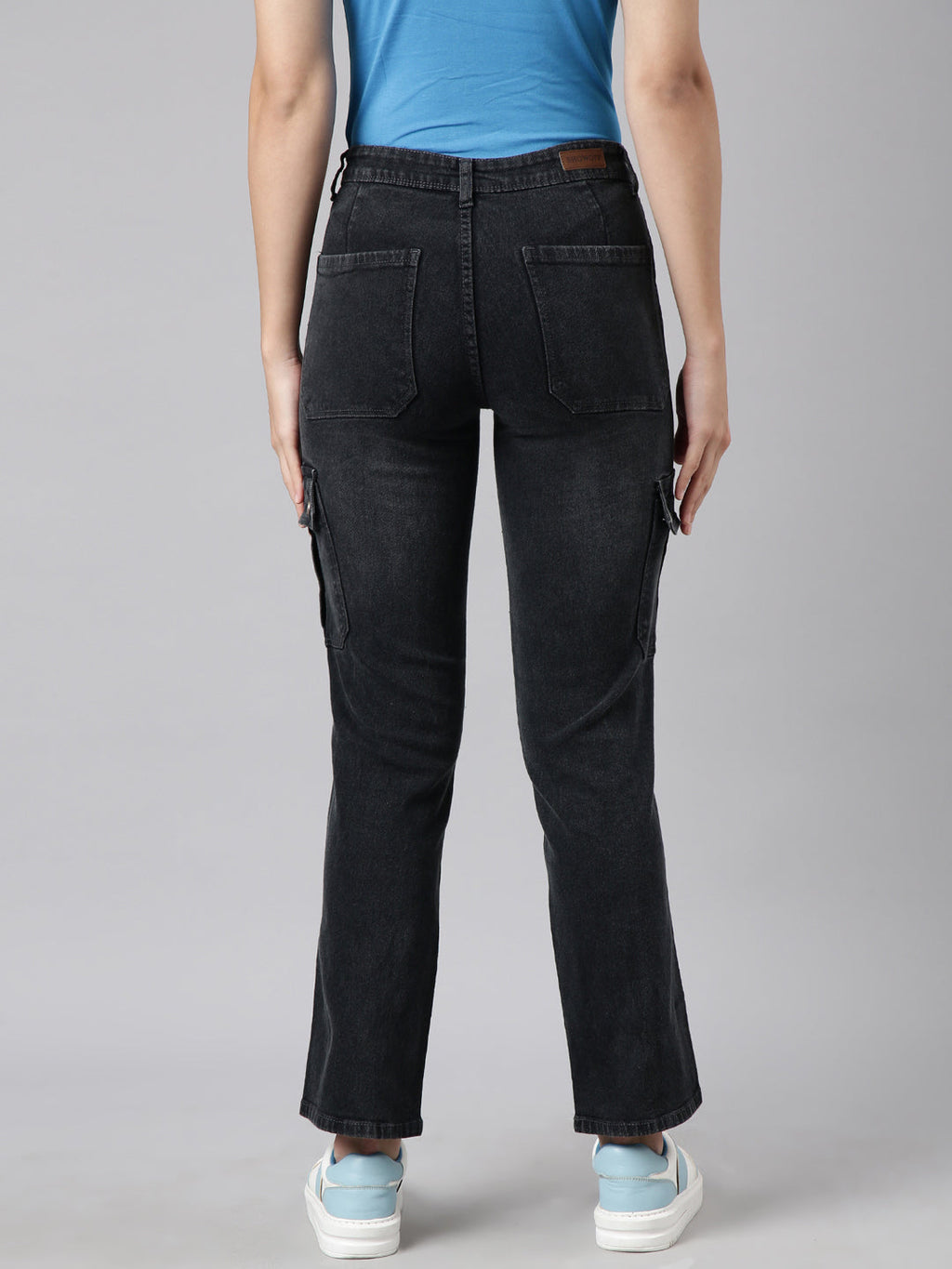 Women's Charcoal Straight Fit Light Fade Cargo Jeans