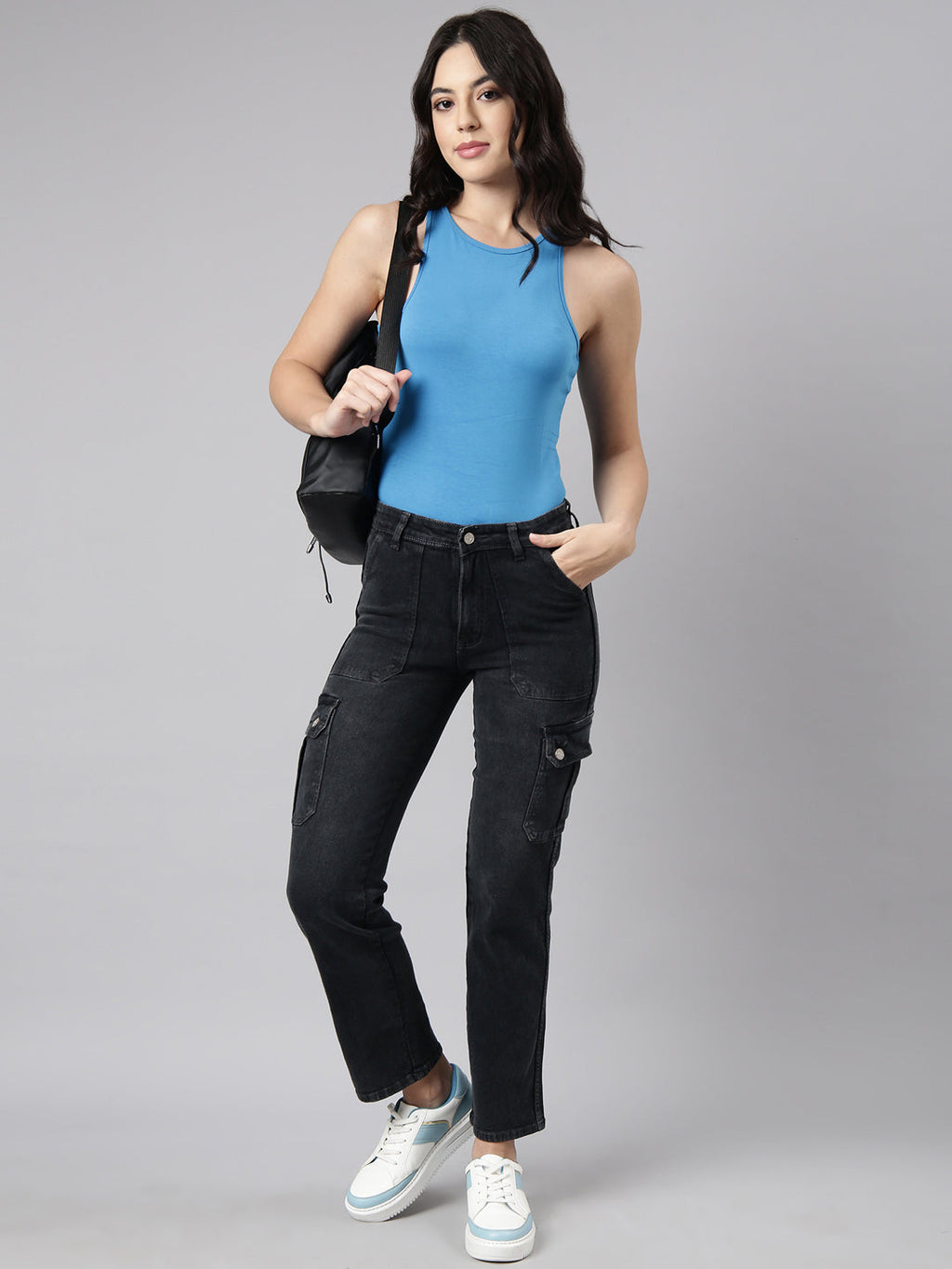 Women's Charcoal Straight Fit Light Fade Cargo Jeans