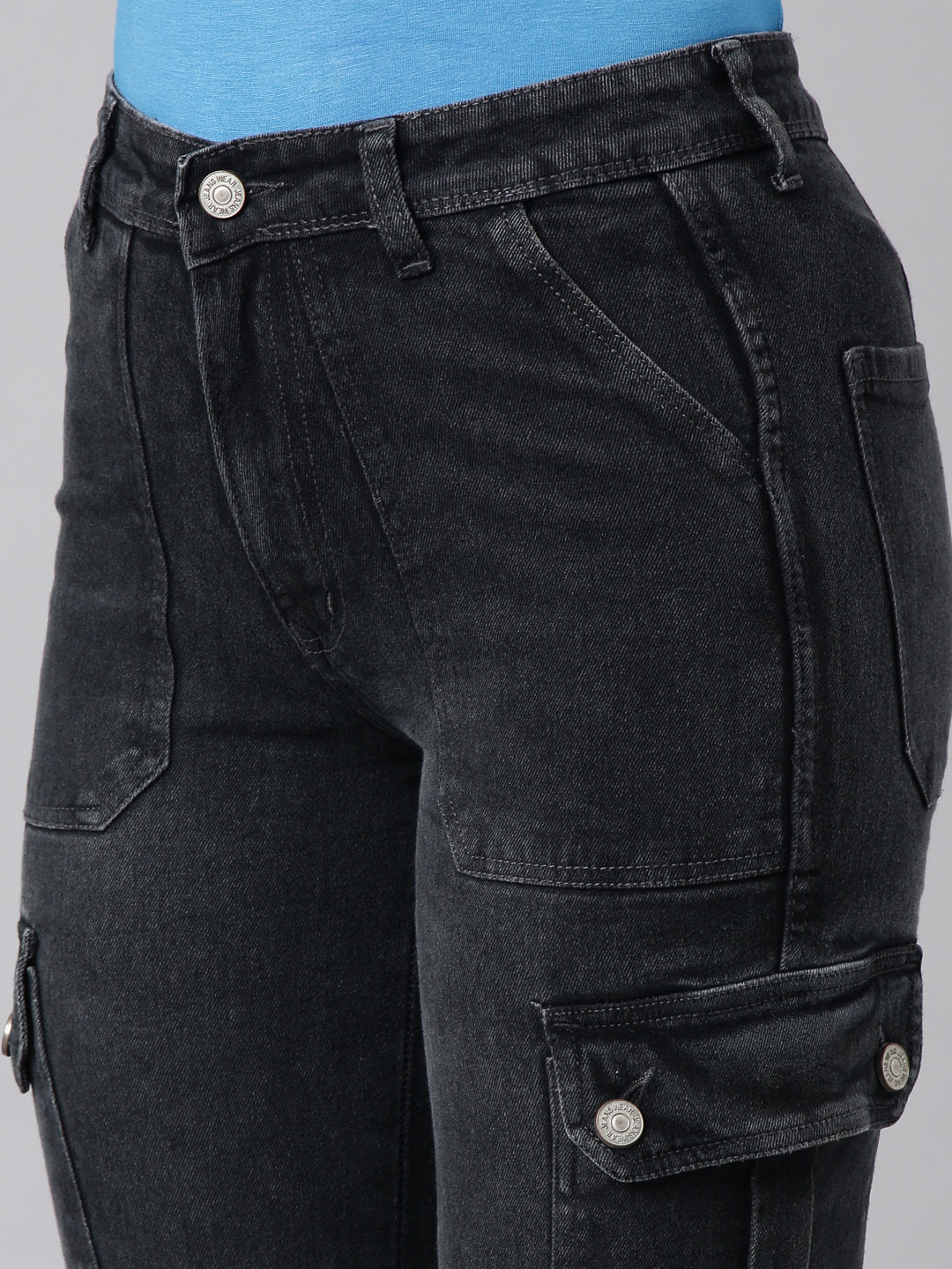 Women's Charcoal Straight Fit Light Fade Cargo Jeans