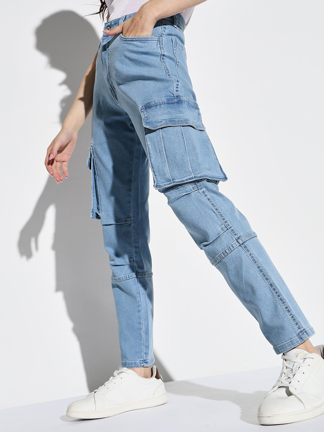 Women's Blue Comfort Straight Fit Light Fade Acid Wash Stretchable Cargo Jeans