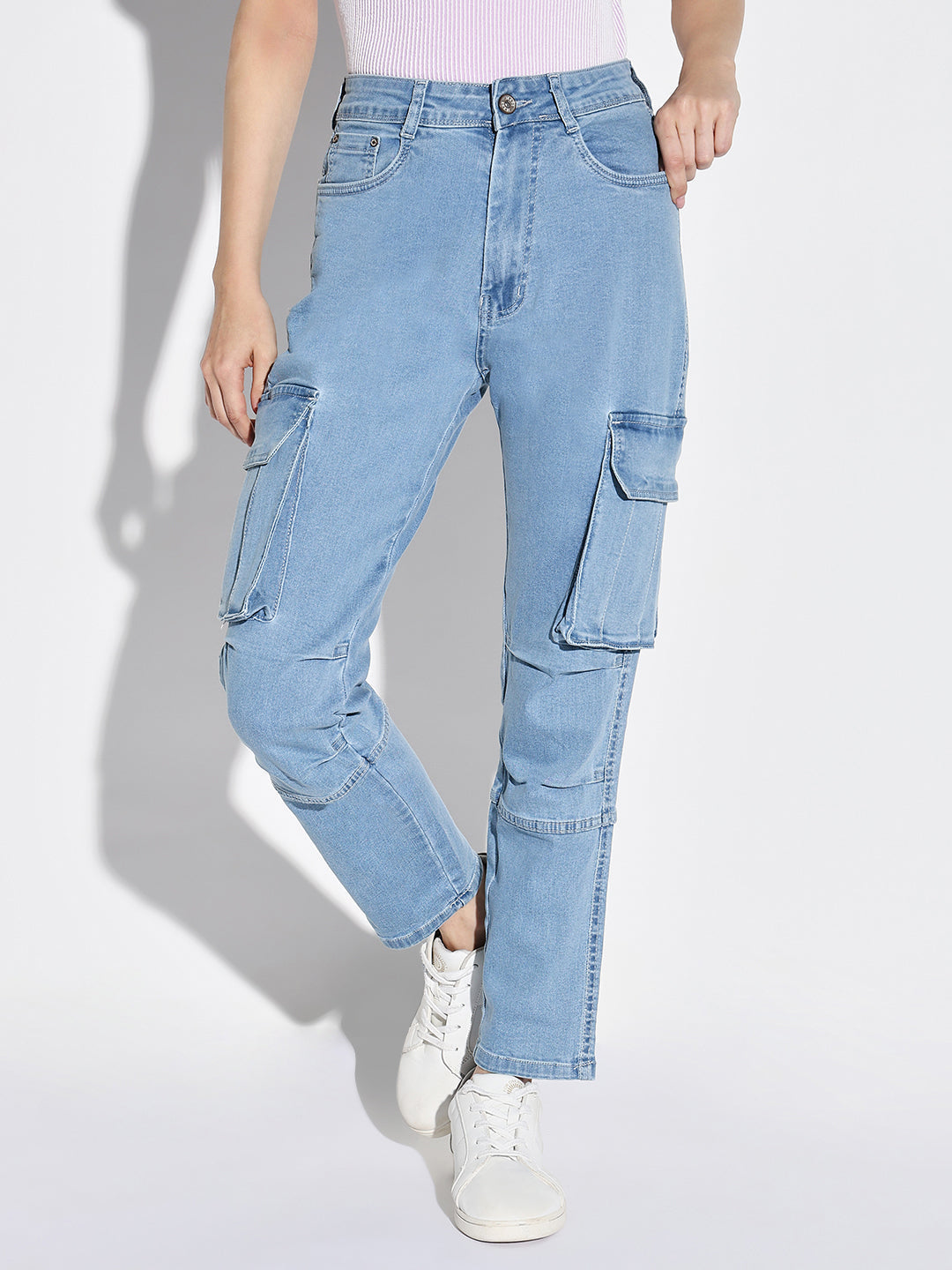 Women's Blue Comfort Straight Fit Light Fade Acid Wash Stretchable Cargo Jeans