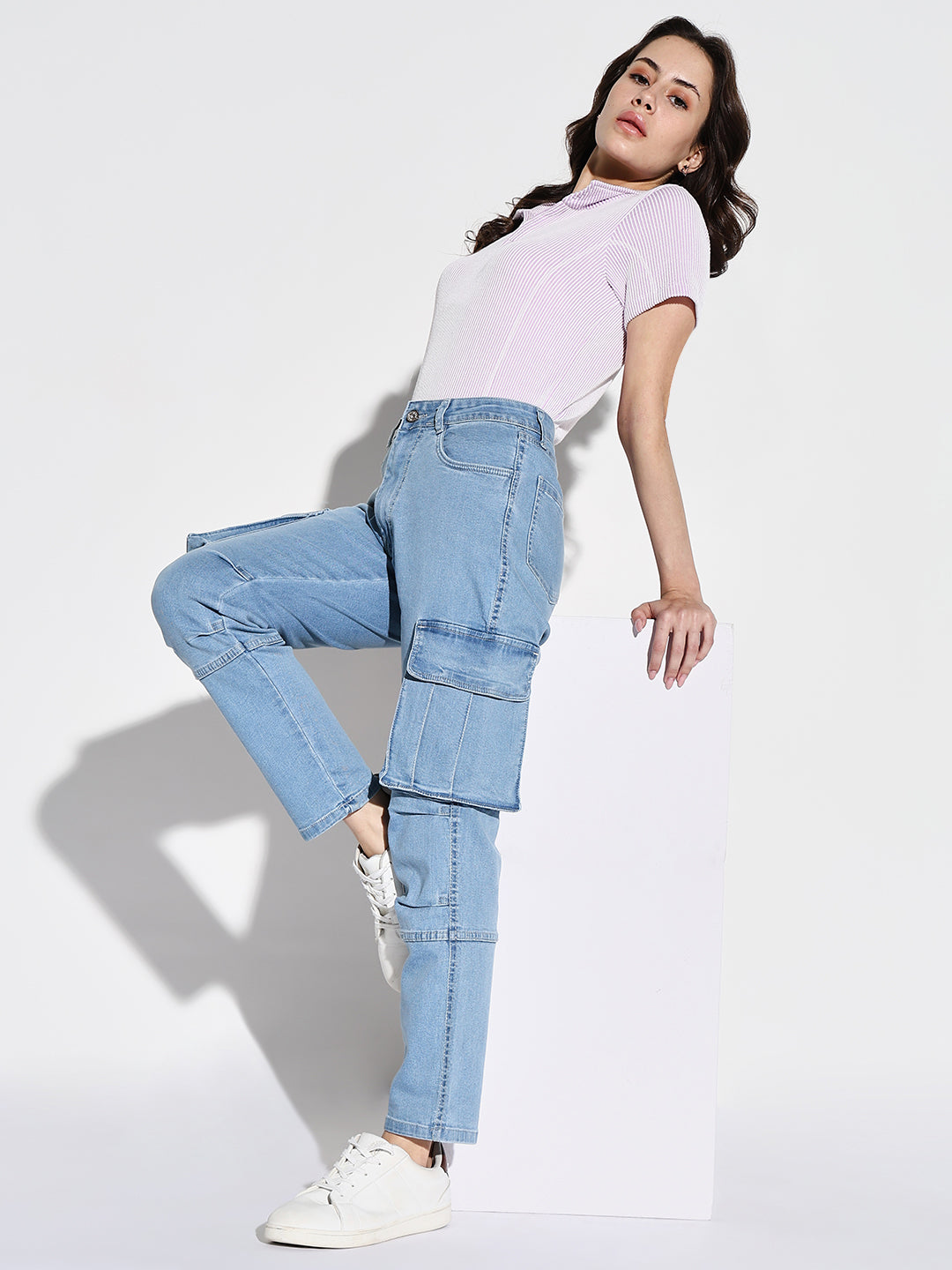 Women's Blue Comfort Straight Fit Light Fade Acid Wash Stretchable Cargo Jeans