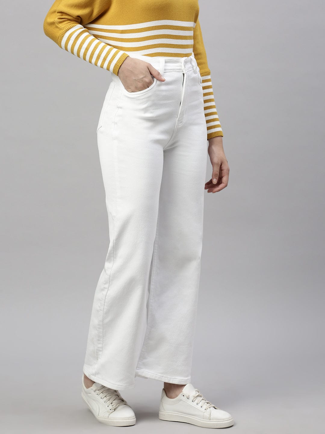 Women's White Comfort Wide Leg Stretchable Jeans