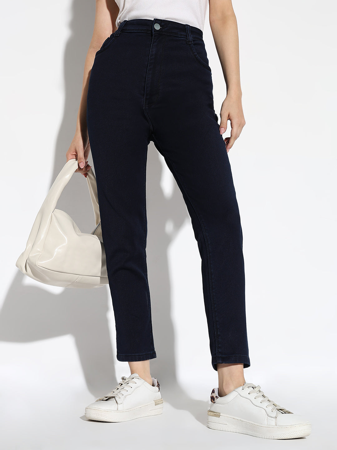 Women's Navy Blue Cotton Comfort Slim Fit Acid Wash Stretchable Jeans
