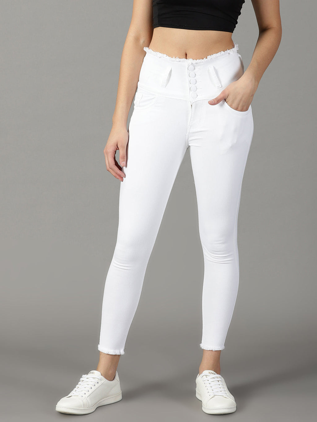 Women's White Skinny Fit Mid-Rise Acid Wash Stretchable Cotton Jeans