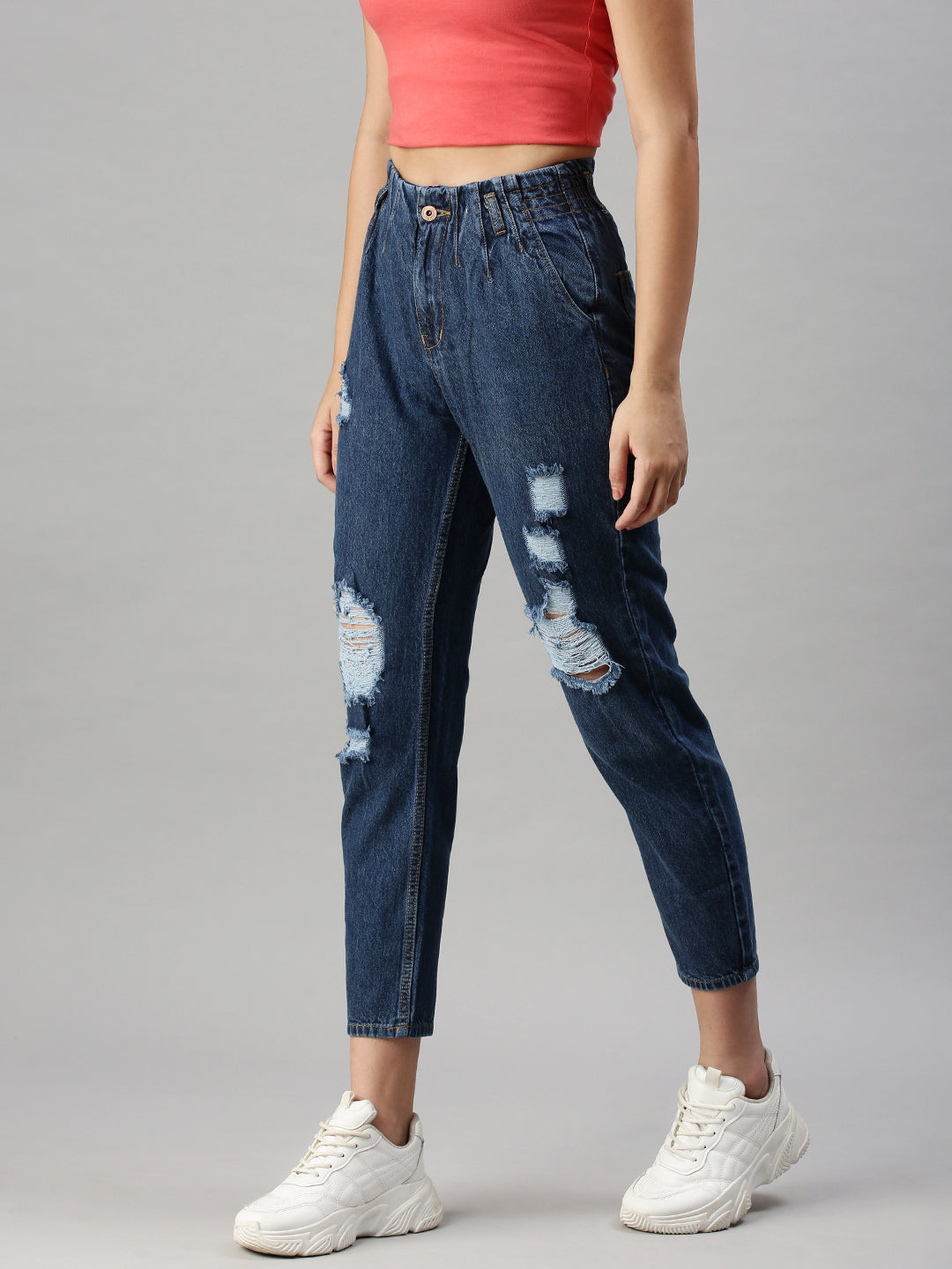 Women's Navy Blue High-Rise Cotton Mildly Distressed Jeans