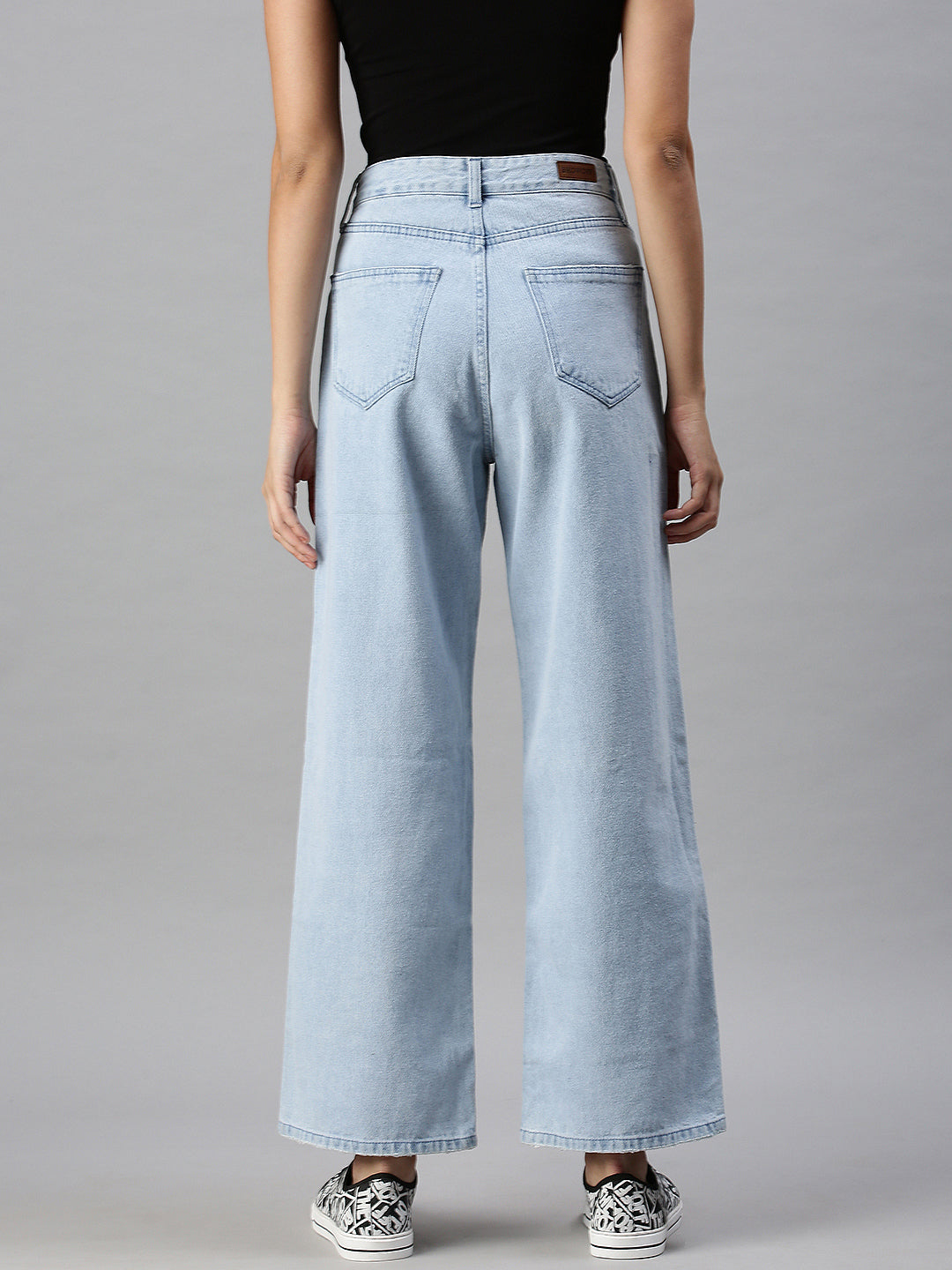 Women's Blue Cotton Wide Leg High-Rise Clean Look Jeans