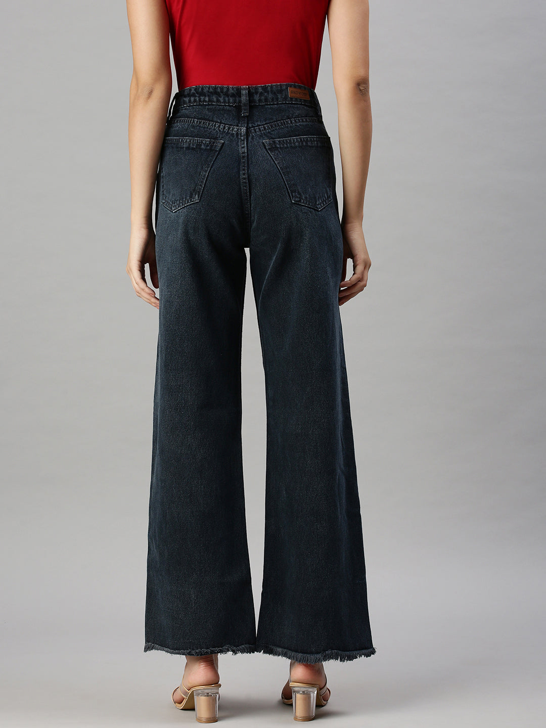 Women's Grey Wide Leg High-Rise Light Fade Clean Look Cotton Jeans