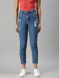 Women's Navy Blue Mom Fit High-Rise Low Distress Stretchable Jeans