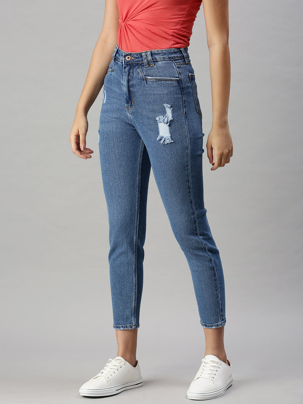 Women's Navy Blue Mom Fit High-Rise Low Distress Stretchable Jeans