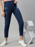 Women's Navy Blue Mom Fit High-Rise Mildly Distressed Stretchable Jeans