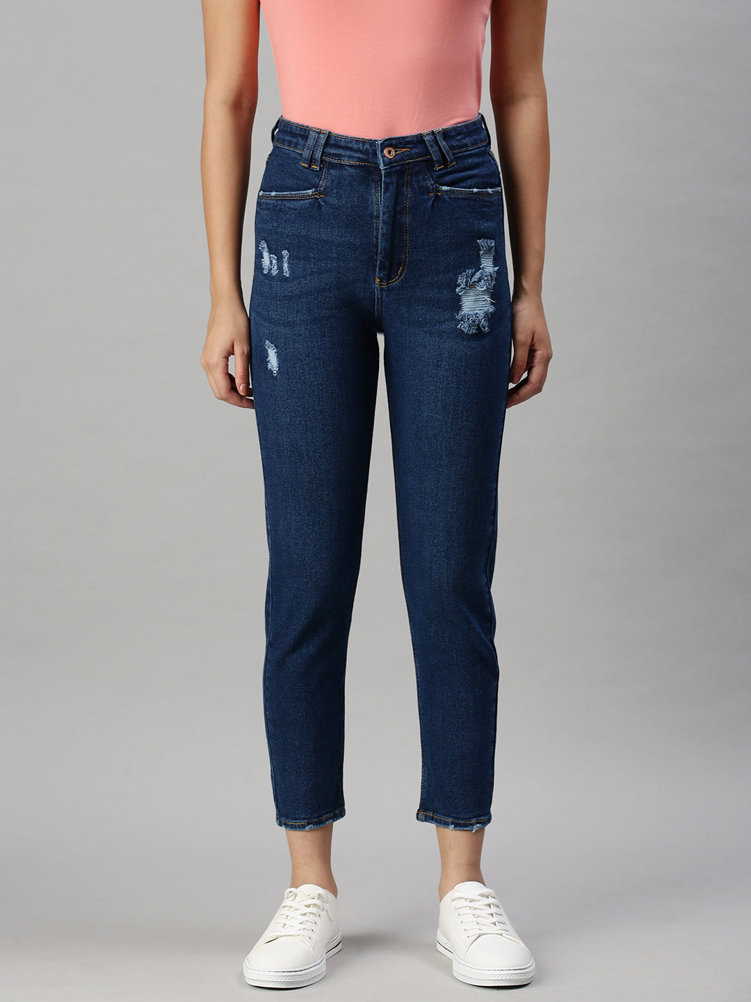 Women's Navy Blue Mom Fit High-Rise Mildly Distressed Stretchable Jeans