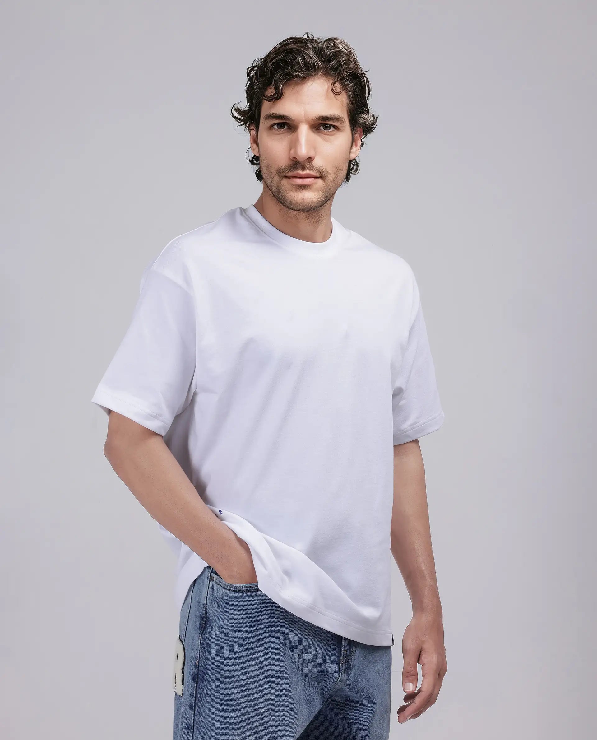 Rare Rabbit Men's Haf White Cotton Graphic Print Oversized Fit Half Sleeve Crew Neck T-Shirt