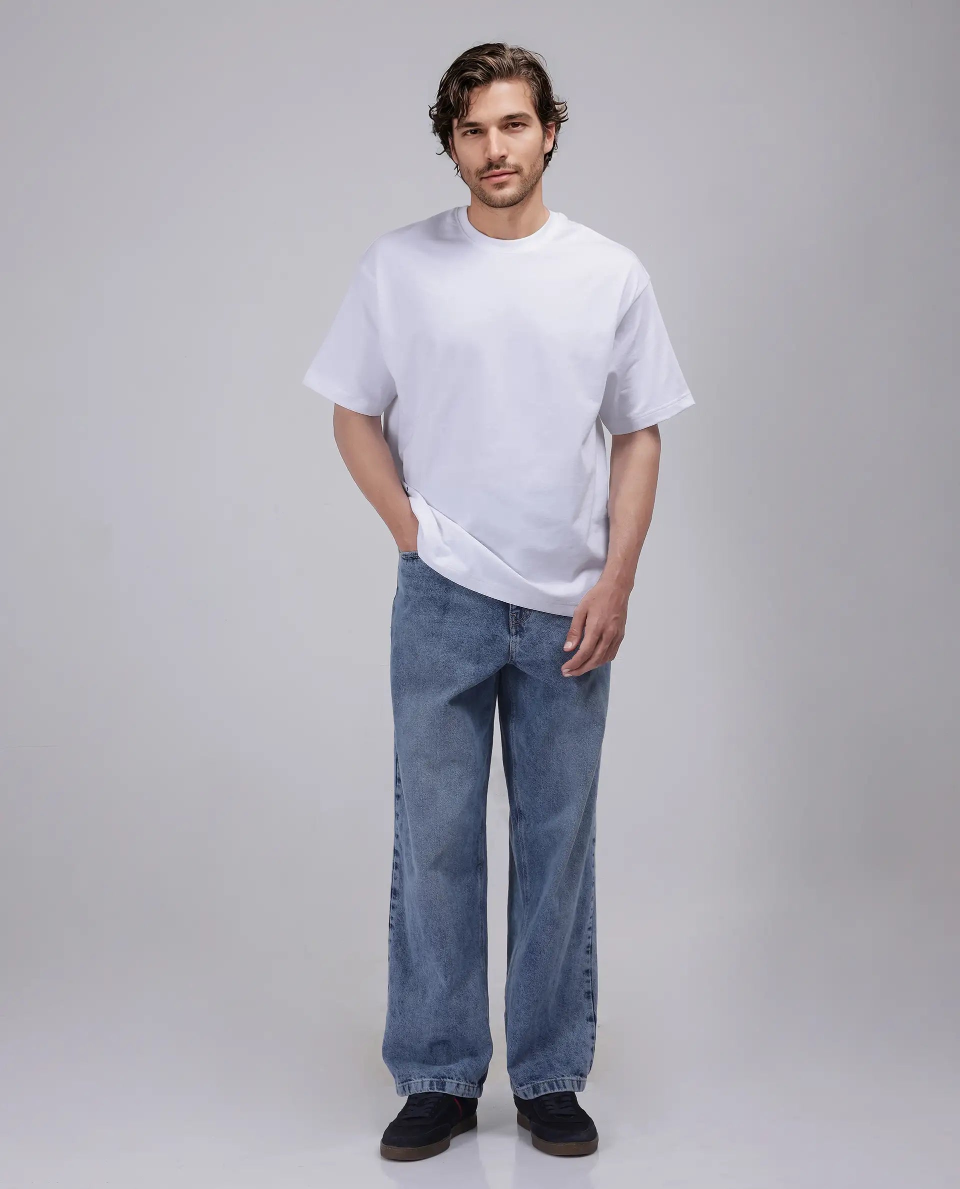 Rare Rabbit Men's Haf White Cotton Graphic Print Oversized Fit Half Sleeve Crew Neck T-Shirt