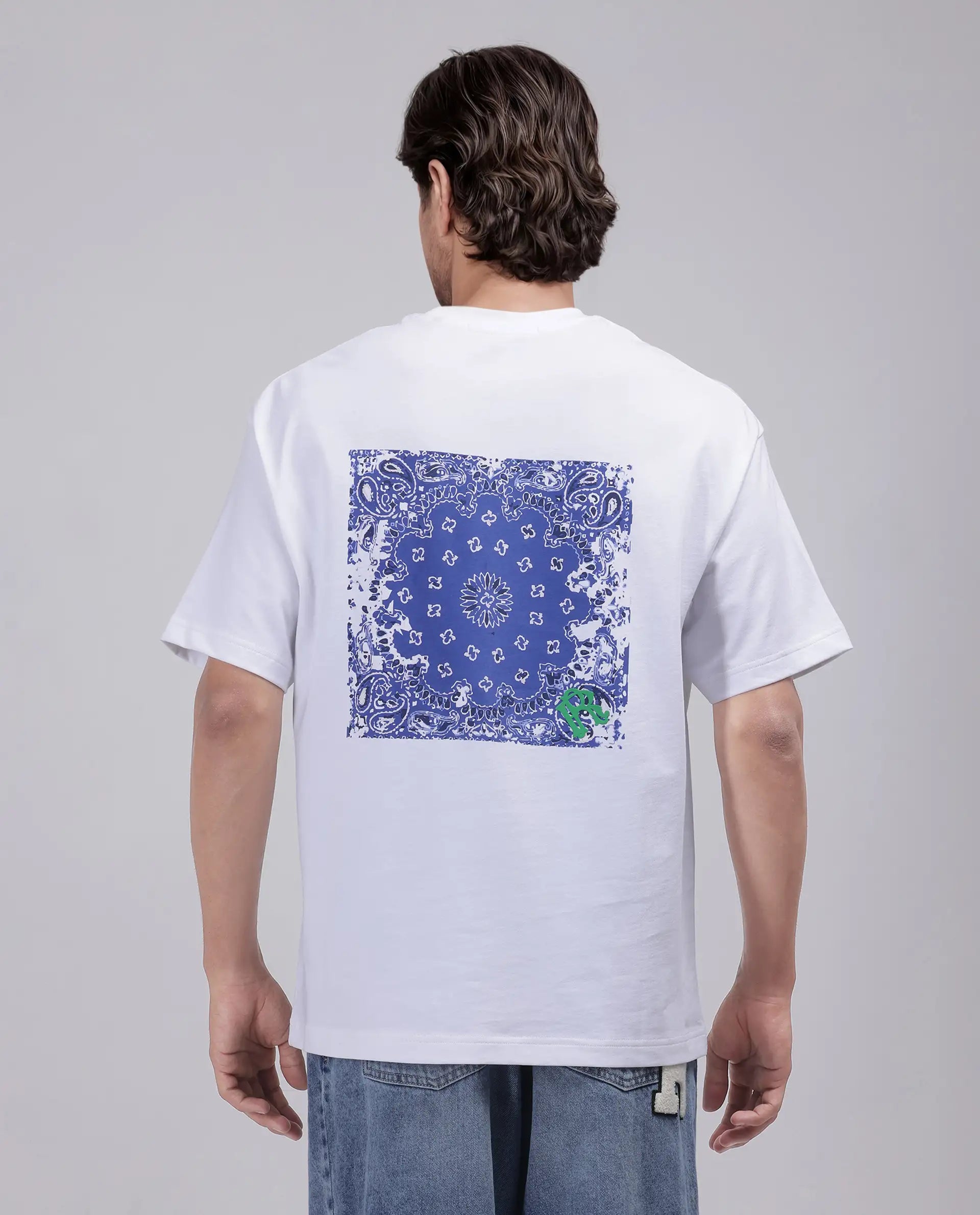 Rare Rabbit Men's Haf White Cotton Graphic Print Oversized Fit Half Sleeve Crew Neck T-Shirt