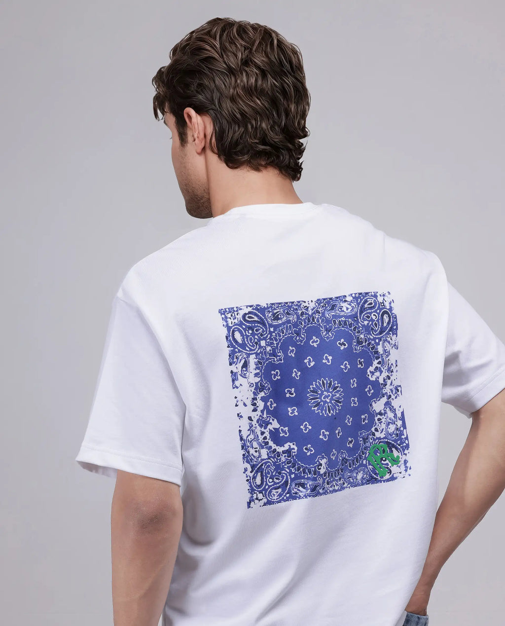 Rare Rabbit Men's Haf White Cotton Graphic Print Oversized Fit Half Sleeve Crew Neck T-Shirt