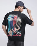 Rare Rabbit Men's Halen Black Cotton Graphic Print Oversized Fit Half Sleeve Crew Neck T-Shirt
