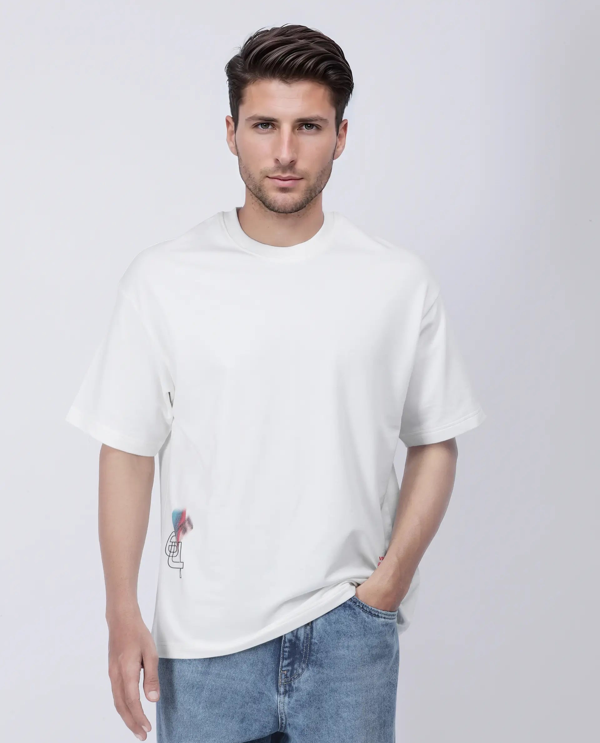 Rare Rabbit Men's Halen Off White Cotton Graphic Print Oversized Fit Half Sleeve Crew Neck T-Shirt
