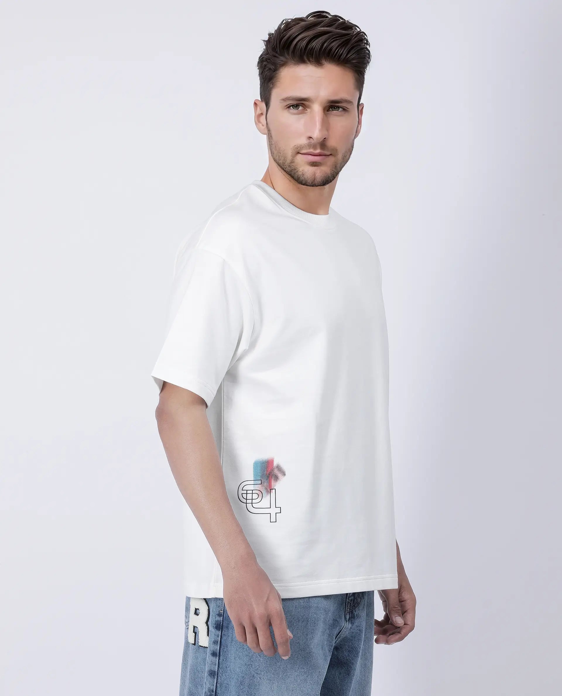 Rare Rabbit Men's Halen Off White Cotton Graphic Print Oversized Fit Half Sleeve Crew Neck T-Shirt
