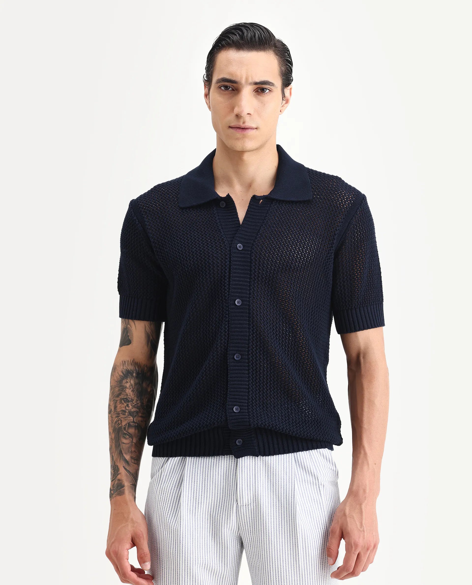 Rare Rabbit Men's Hao Navy Cotton Plain Relaxed Fit Half Sleeve Collared Shirt