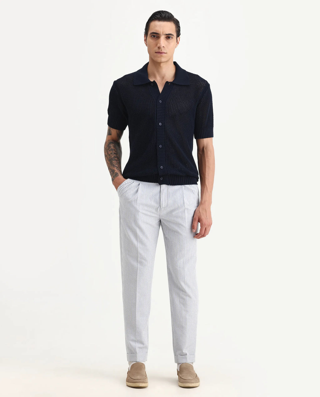 Rare Rabbit Men's Hao Navy Cotton Plain Relaxed Fit Half Sleeve Collared Shirt