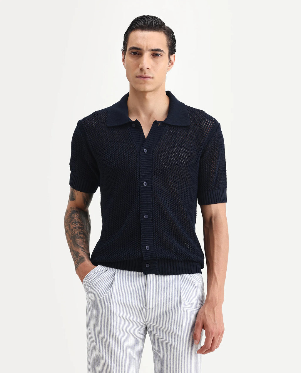 Rare Rabbit Men's Hao Navy Cotton Plain Relaxed Fit Half Sleeve Collared Shirt