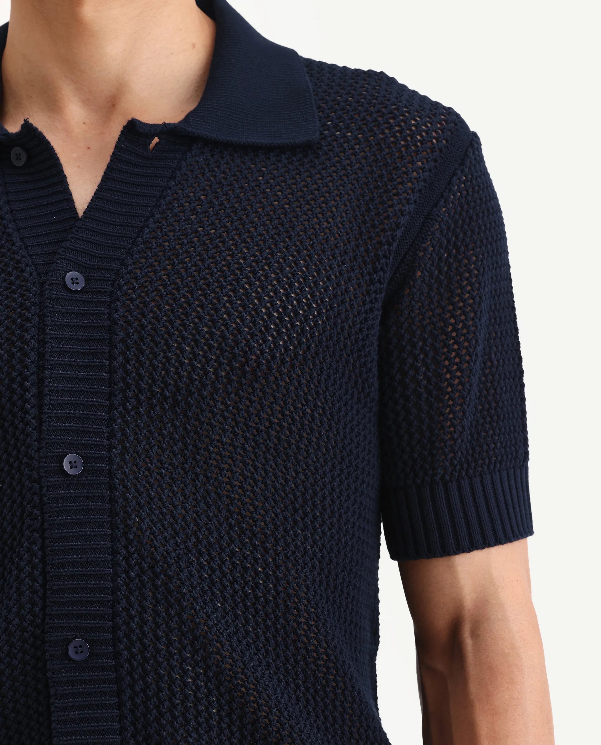 Rare Rabbit Men's Hao Navy Cotton Plain Relaxed Fit Half Sleeve Collared Shirt