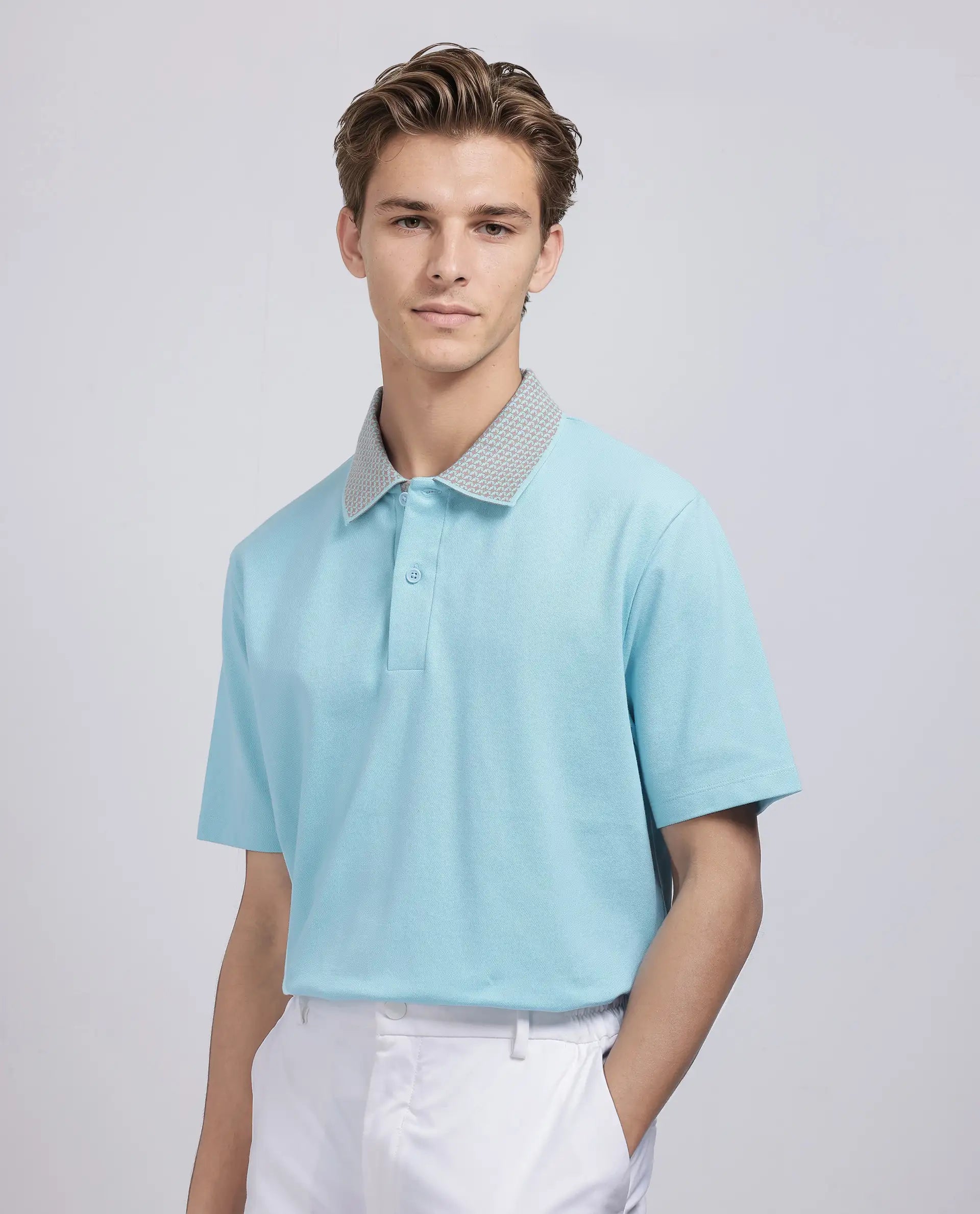 Rare Rabbit Men's Abit Light Blue Cotton Blend Plain Regular Fit Half Sleeve Polo