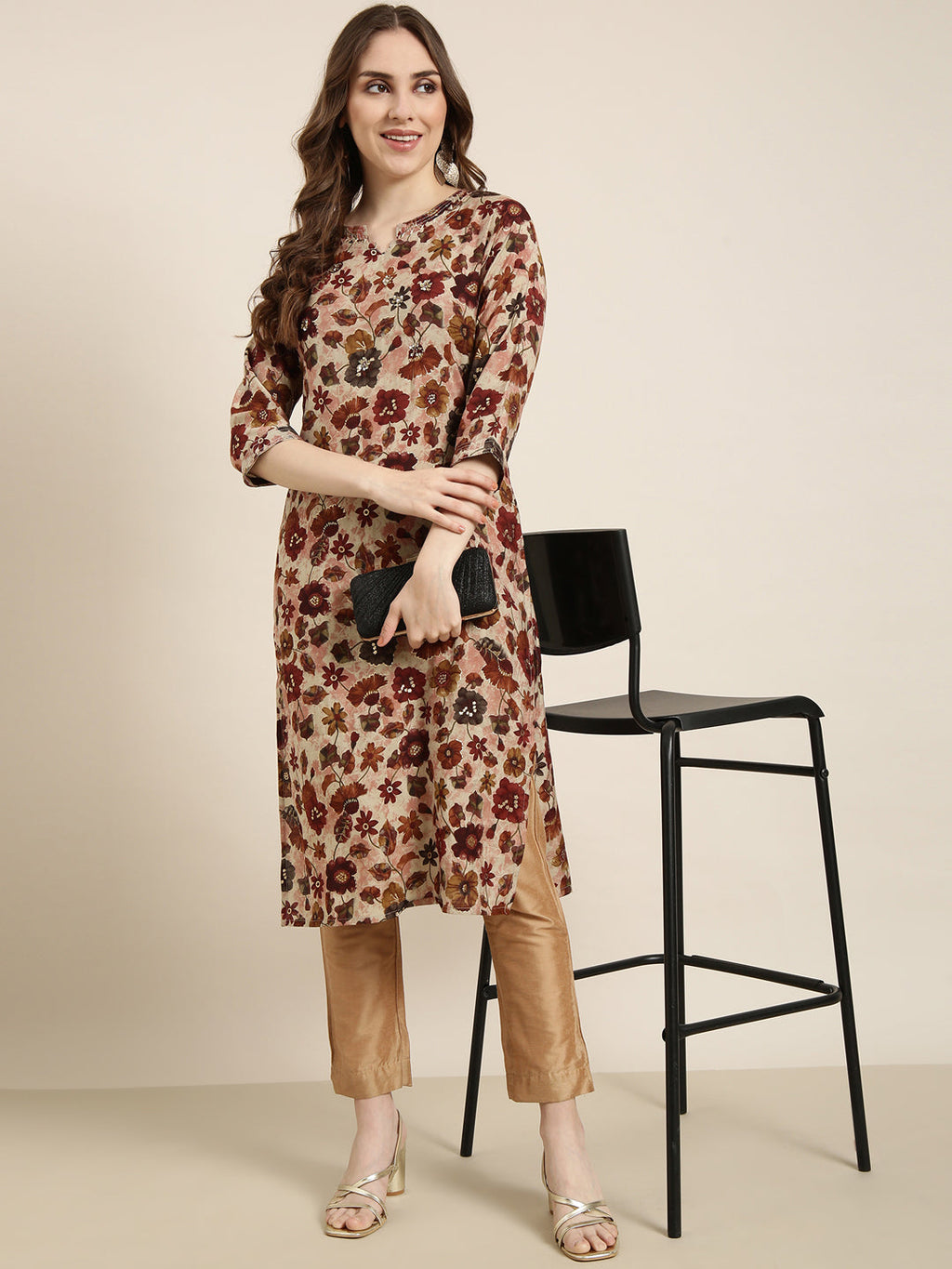 Women's Straight Maroon Floral Kurta
