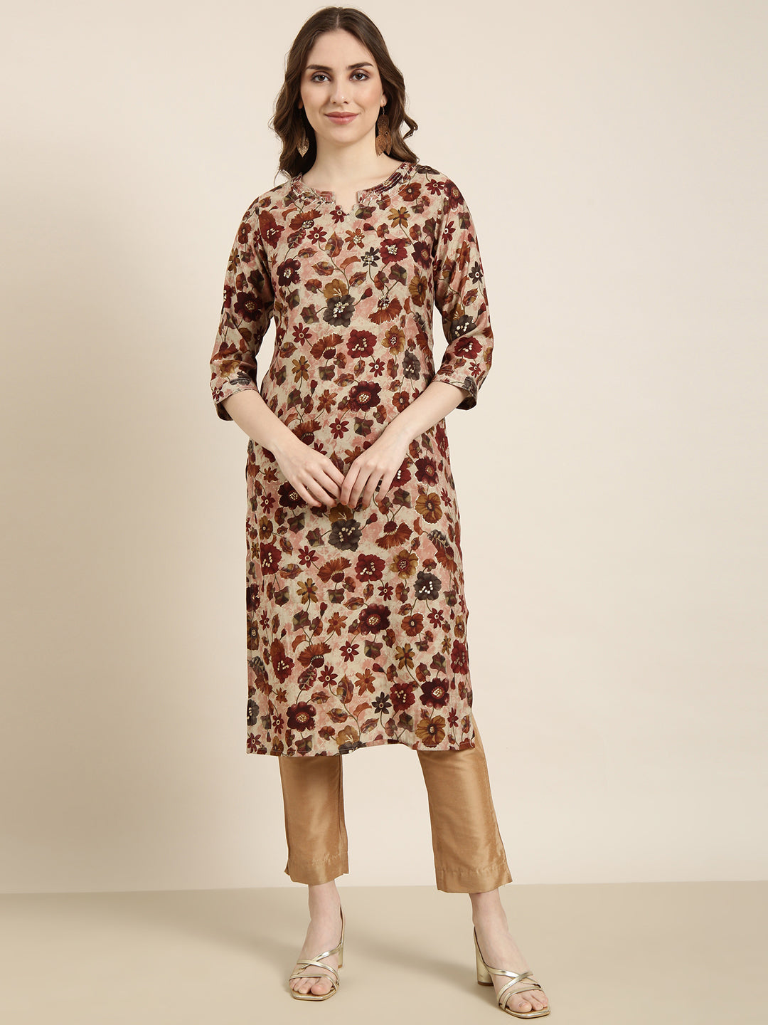 Women's Straight Maroon Floral Kurta