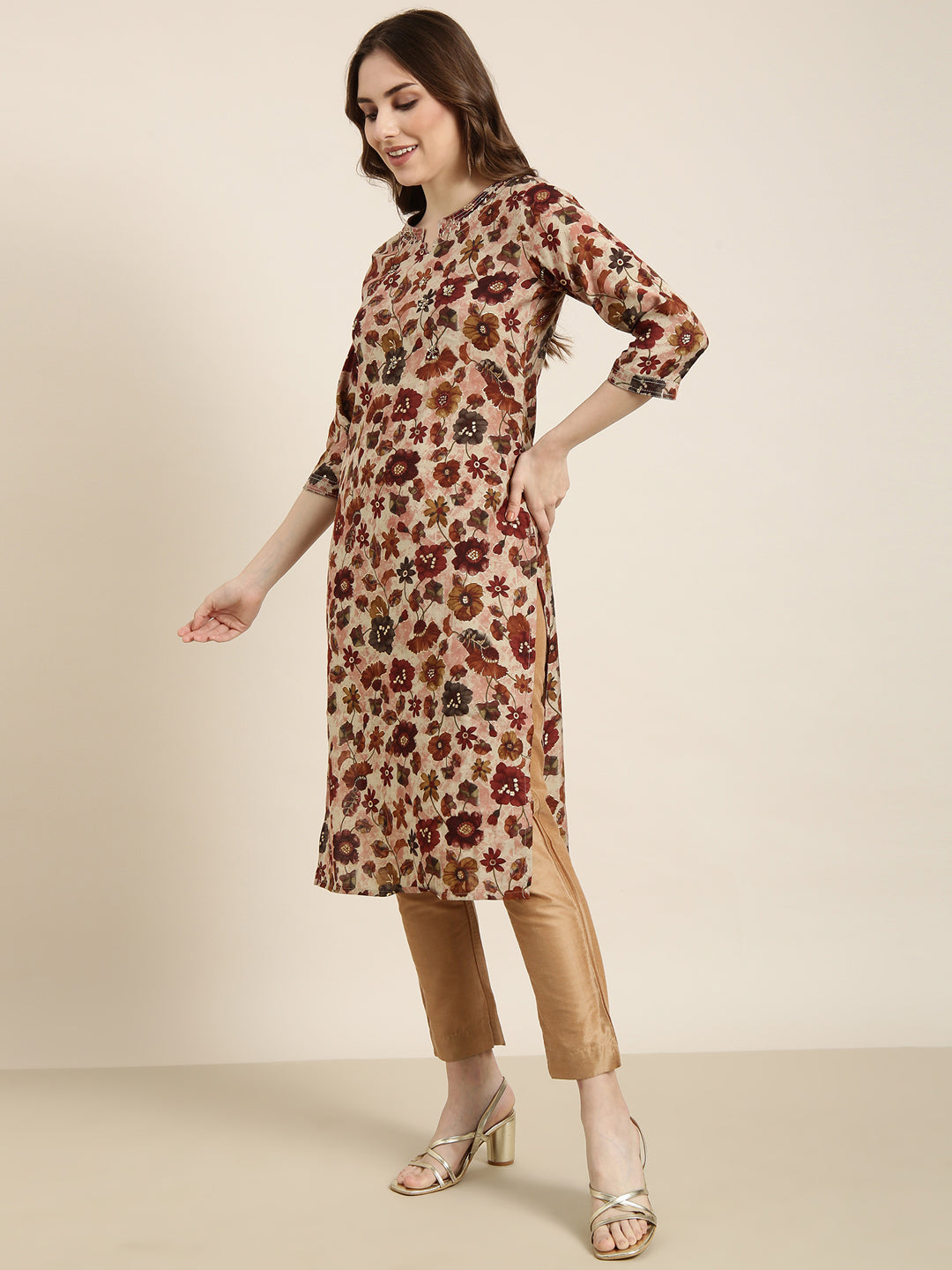 Women's Straight Maroon Floral Kurta